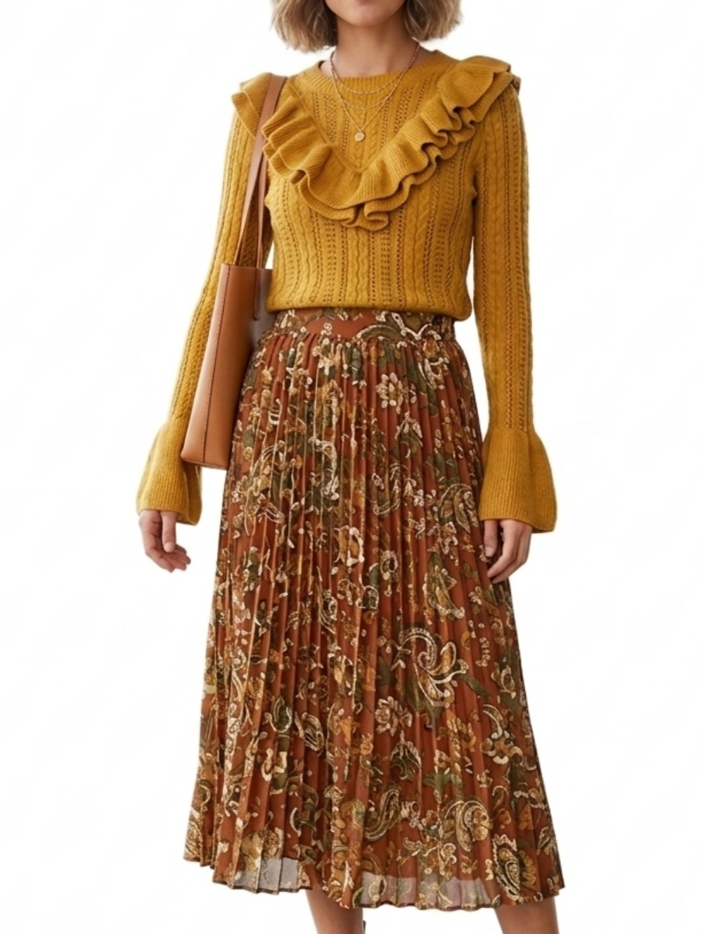 Flying Tomato Mustard Ruffle Cable-Knit Sweater
